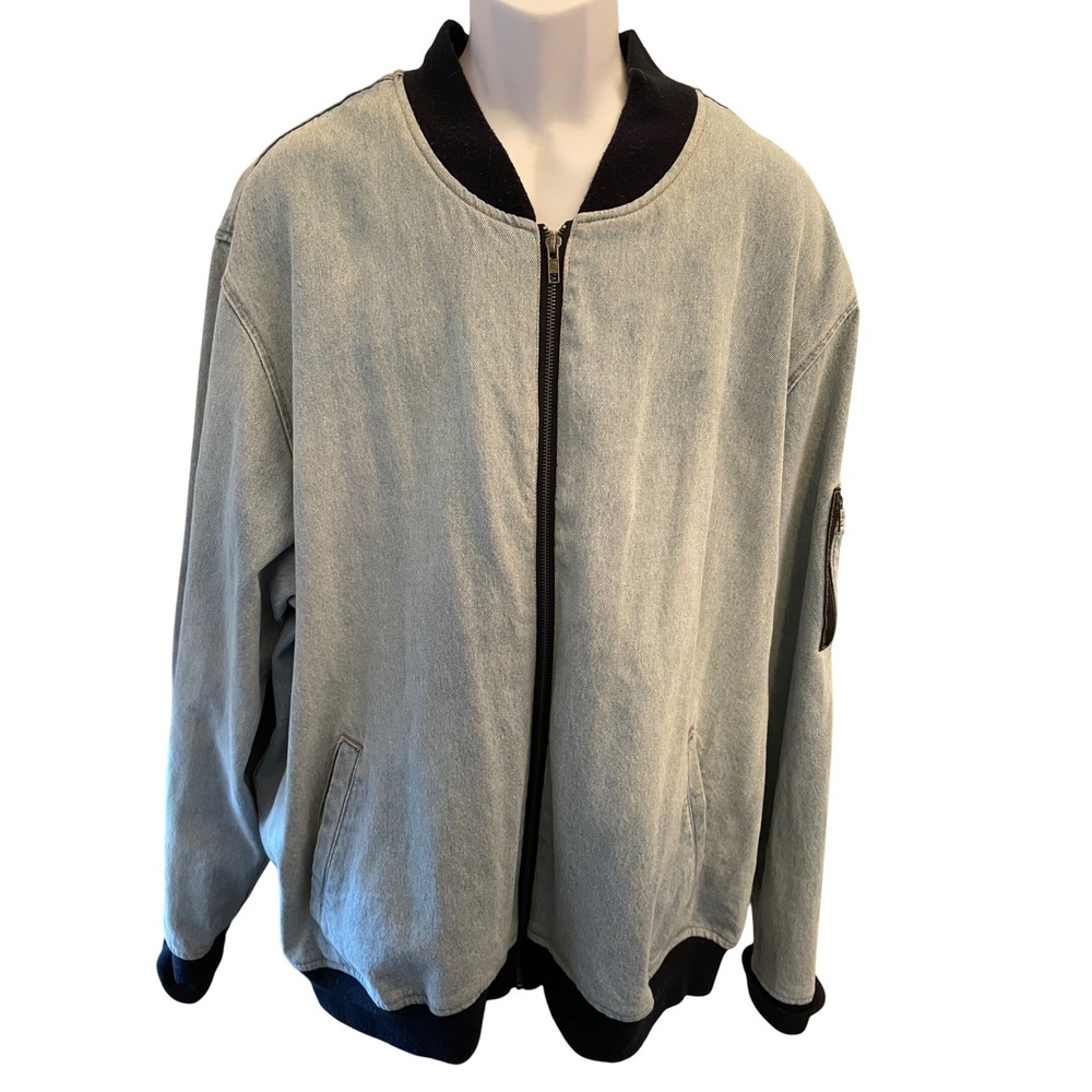 Original Use Mens‎ Light Wash Denim Bomber Jacket Blue XXL Zip Up Utility Pocket